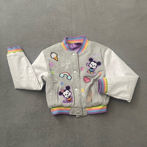Disney Other - Disney Gray and White Rainbow-Trim Girls Bomber Jacket